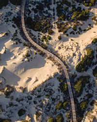 Aerial view of boardwalk on snow covered landscape during sunset