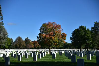 Row of tombstones at fort snelling national cemetery against blue sky