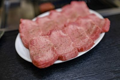 Close-up of meat in plate on table