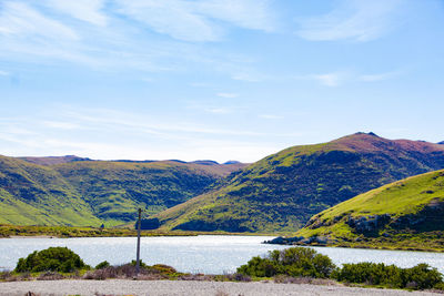 Scenic view of lake and mountains against sky