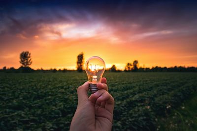 Cropped hand of woman holding illuminated light bulb against field during sunset