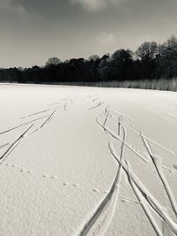 Scenic view of snow covered field against sky