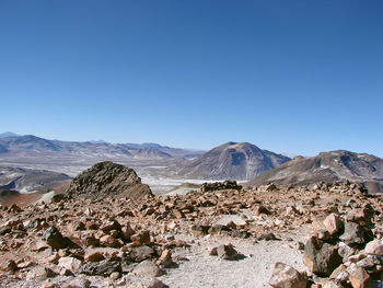 Scenic view of mountains against clear blue sky