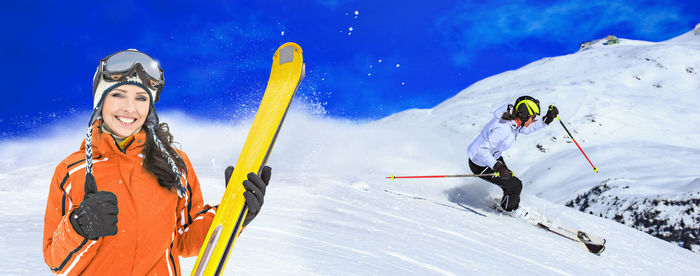 Digital composite image of skier on snowcapped mountain against sky