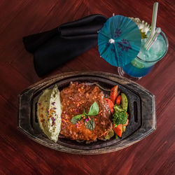 High angle view of food in plate on table