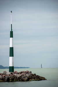 Lighthouse by sea against sky