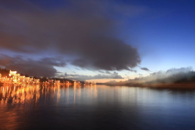 Scenic view of lake against sky at sunset