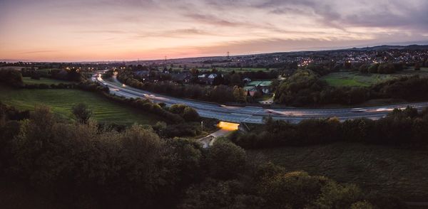 High angle view of landscape against sky during sunset