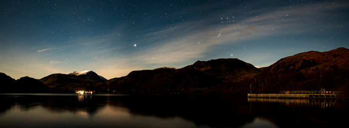A panoramic view of the night sky over aira force steamer pier on ullswater on a winters night