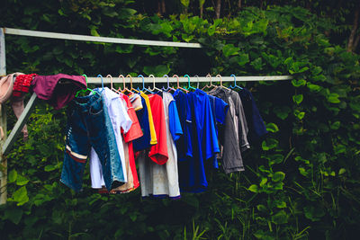 High angle view of clothes drying on rack