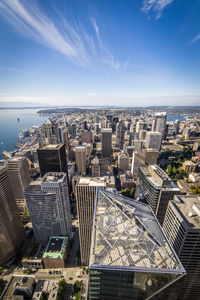 High angle view of buildings against sky