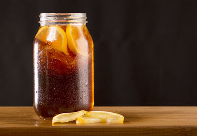 Close-up of juice served on table