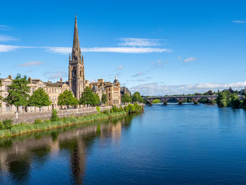 St matthews church reflected in the river tay, perth, scotland uk