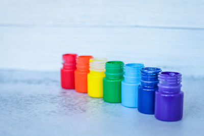 Close-up of multi colored pencils on table
