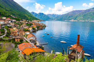 The village of lezzeno and panorama of lake como, photographed during the day in spring.