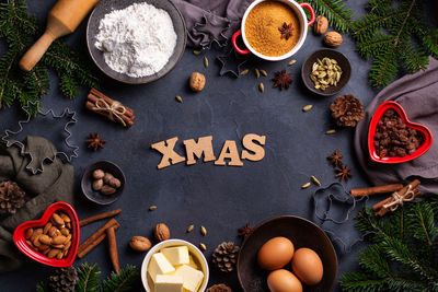 Christmas concept, greeting card. cooking and baking ingredients with spices. view from above