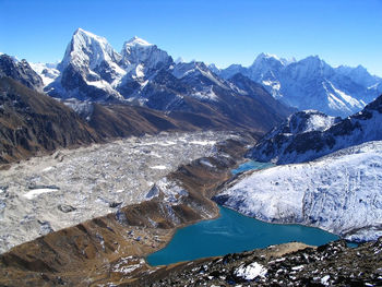 Scenic view of snowcapped mountains against clear sky