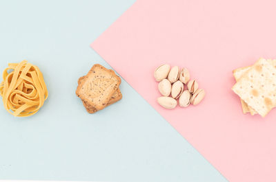 High angle view of cookies on table