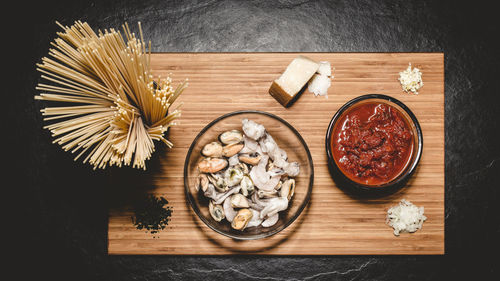 High angle view of food on table