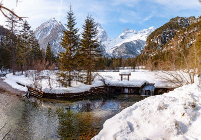 Scenic view of snowcapped mountains during winter