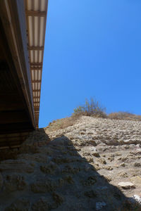 Low angle view of bridge against clear blue sky