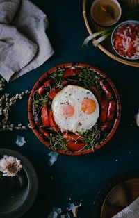 High angle view of breakfast served on table