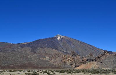 Scenic view of volcanic mountain against clear blue sky