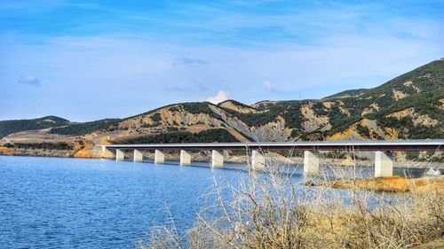 Scenic view of river and mountains against blue sky