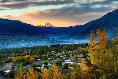 Scenic view of mountains against sky during autumn