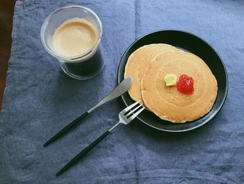 High angle view of breakfast served on table