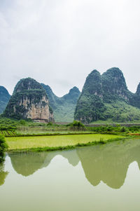 Reflection of mountains in lake against sky