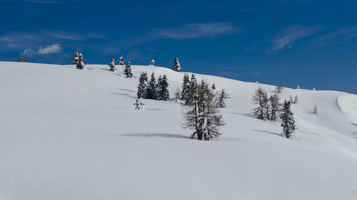 Scenic view of snow covered land against sky