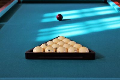 High angle view of pool balls on table