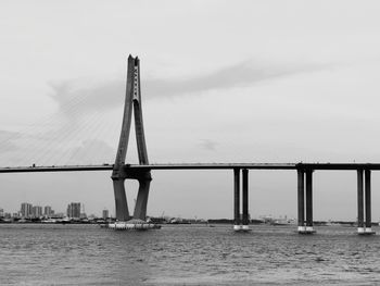 Bridge over calm river against sky