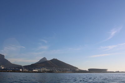 Scenic view of sea and mountains against blue sky