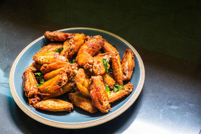 High angle view of food in plate on table