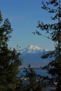 Scenic view of mountains against clear blue sky