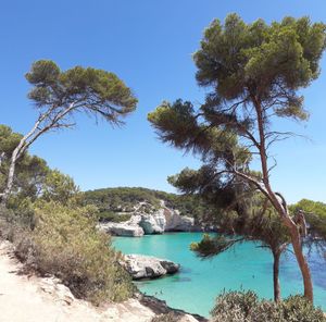 Scenic view of sea against clear blue sky