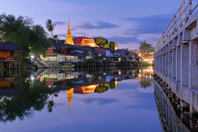 Reflection of illuminated buildings in lake against sky