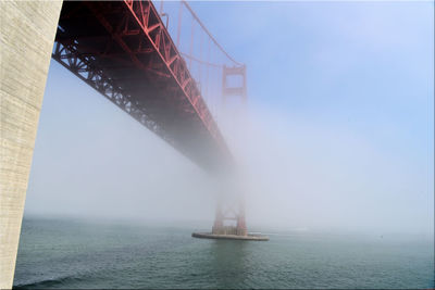 Low angle view of suspension bridge over sea