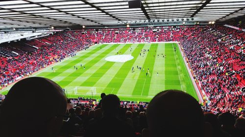 High angle view of people on soccer field