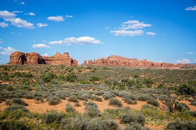 Rock formations on landscape against sky