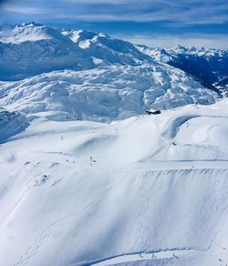 Scenic view of snow covered mountains against sky