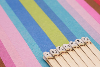 High angle view of multi colored pencils on table