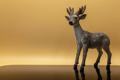 Portrait of deer standing against sky during sunset
