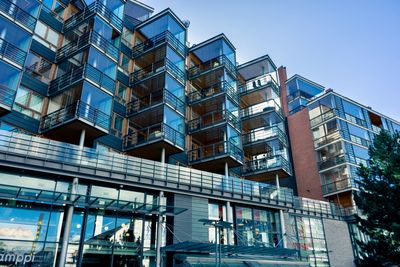 Low angle view of modern building against clear sky