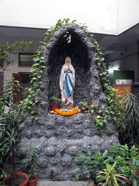 Young woman sculpture amidst plants against building