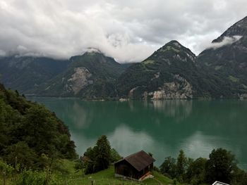 Scenic view of lake against cloudy sky