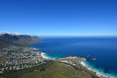High angle view of sea against clear blue sky