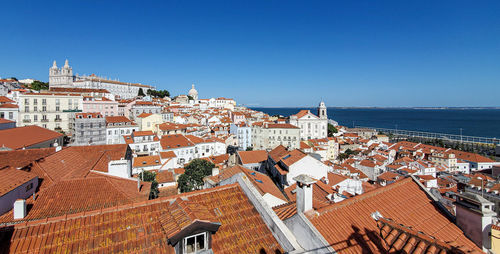 High angle view of townscape by sea against clear blue sky